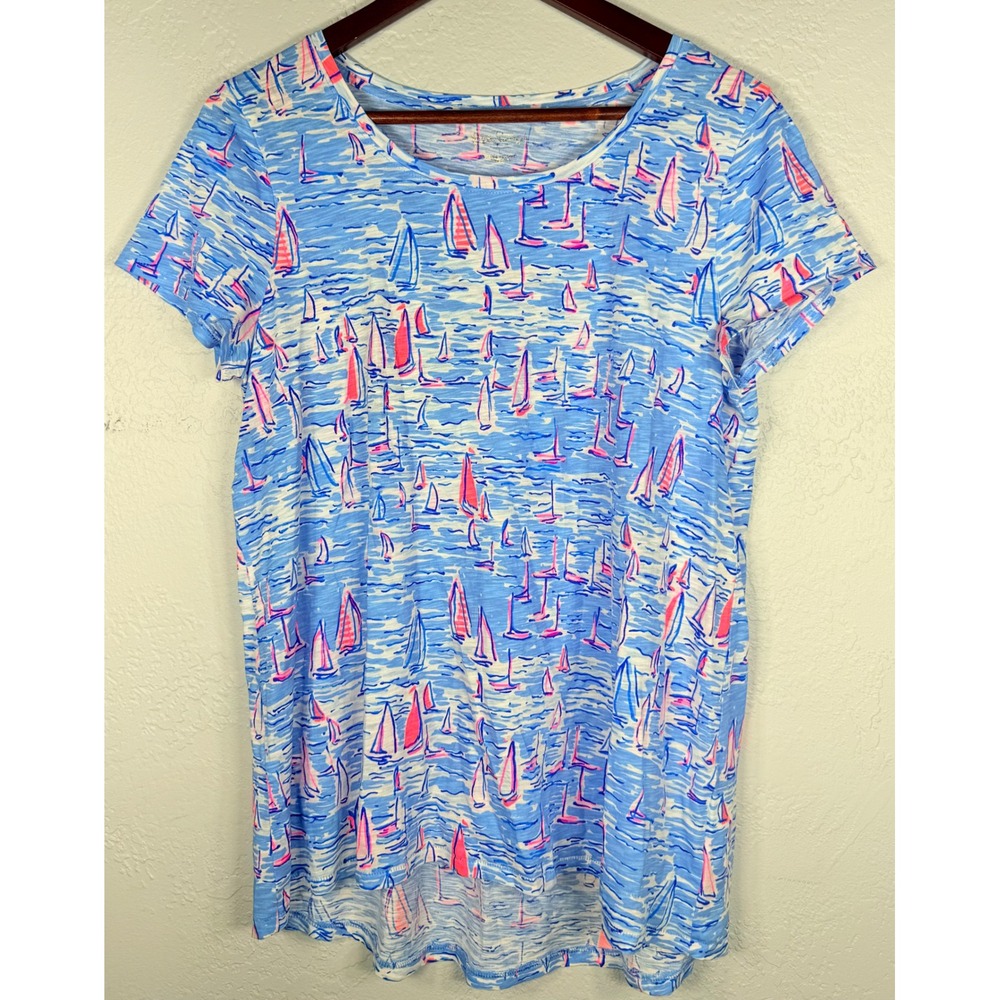 Lilly Pulitzer Etta Sail Away Sailboat Print Cotton Slub Tee Blue Pink Large